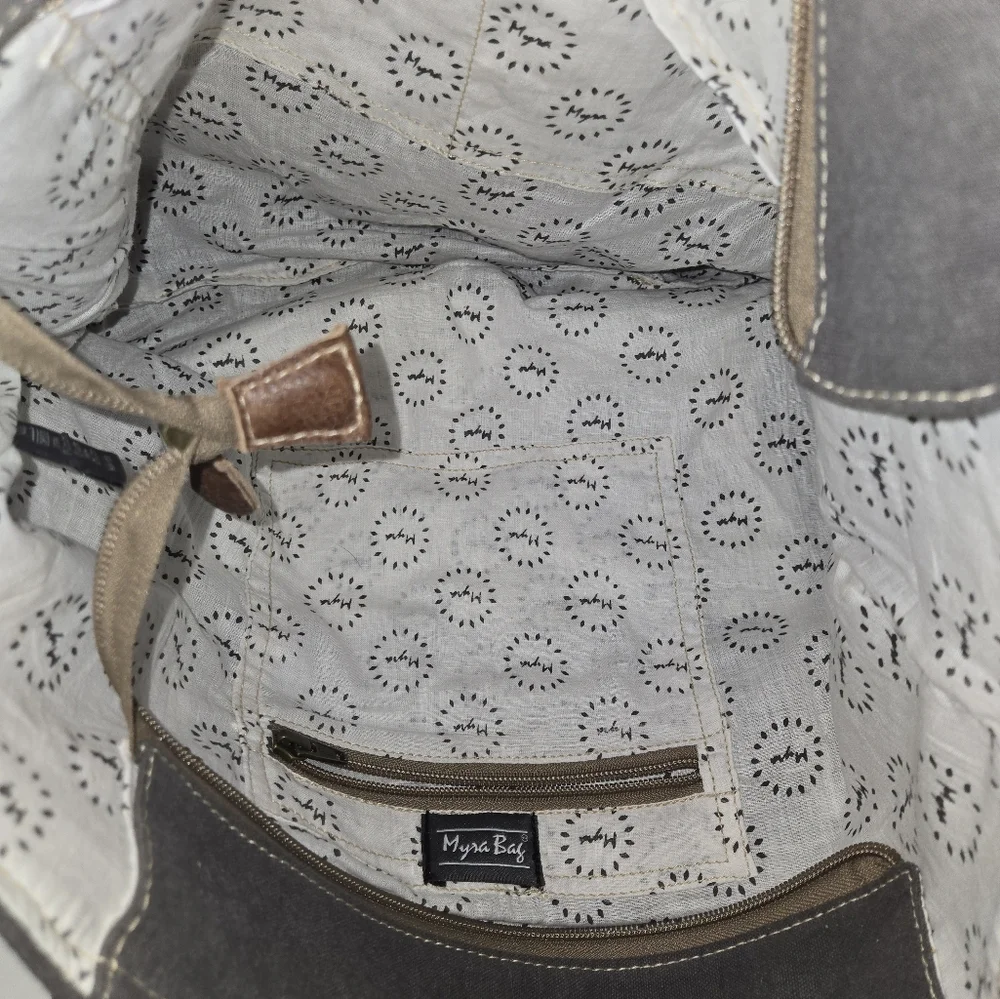 MYRA Bicycle Print Canvas/ Leather Tote Bag S-0935 18" X 13"  12"handles - Picture 11 of 15